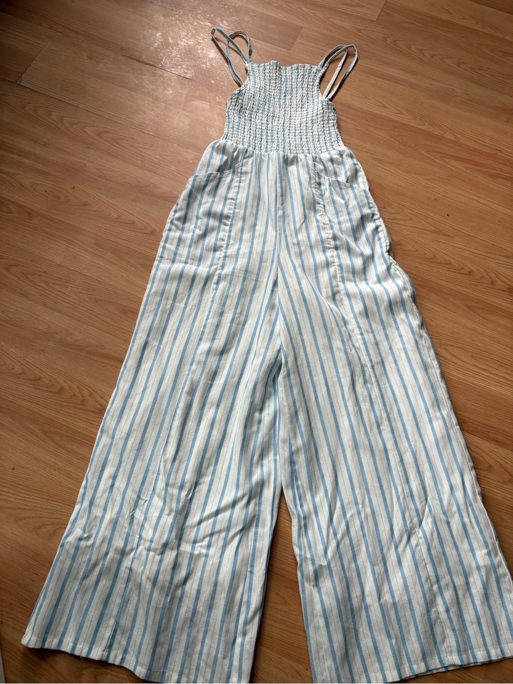 Bluenotes Blue White Striped Smocked Jumpsuit linen blend New England summer M - Picture 3 of 10
